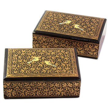 Hand Painted Wood Mini Decorative Boxes (Pair) from India - Avian Whispers in Gold