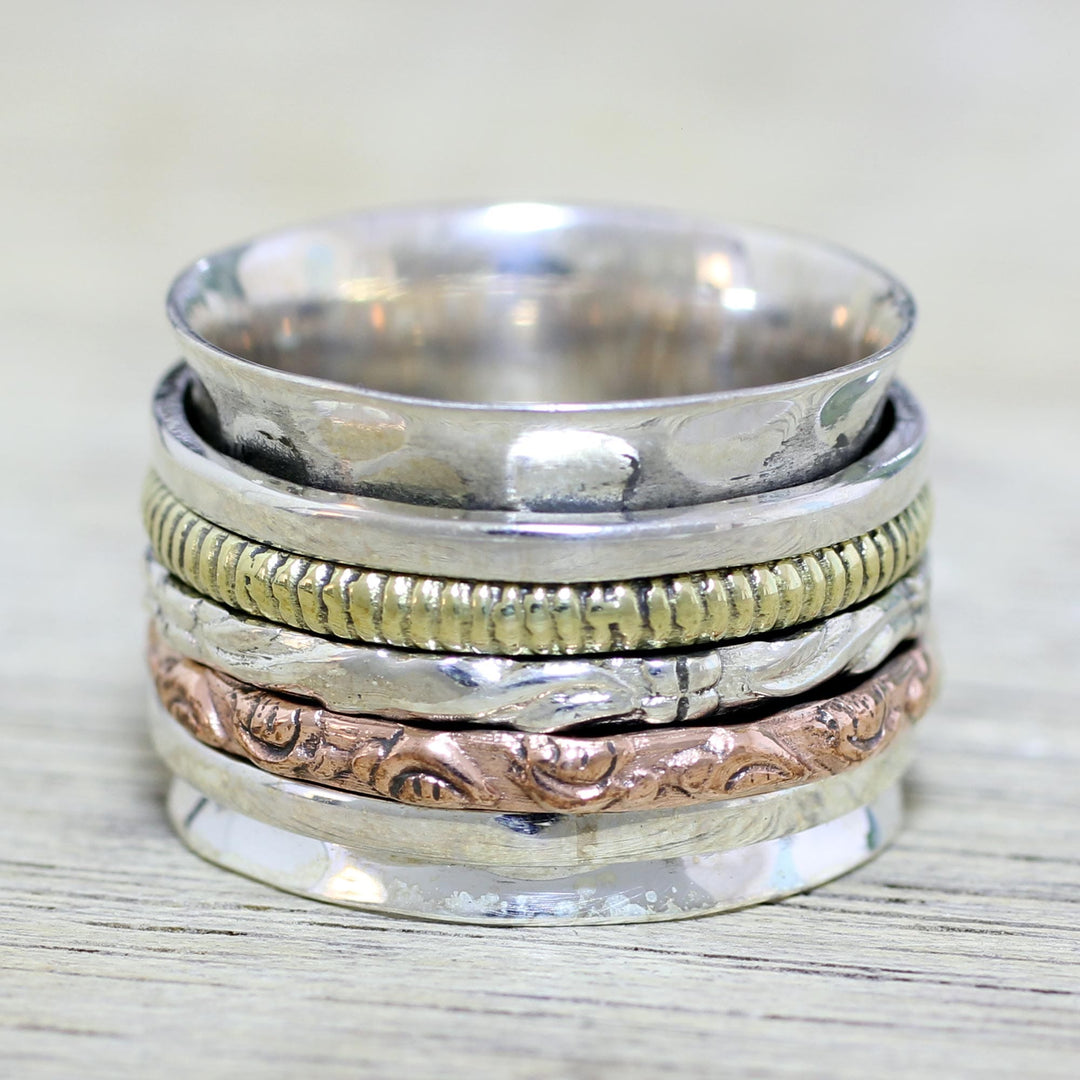 Sterling Silver Copper and Brass Textured Spinner Ring