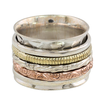 Sterling Silver Copper and Brass Textured Spinner Ring