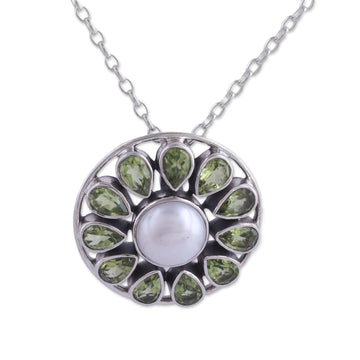 Peridot and Cultured Pearl Sterling Silver Pendant Necklace - Peridot Petals