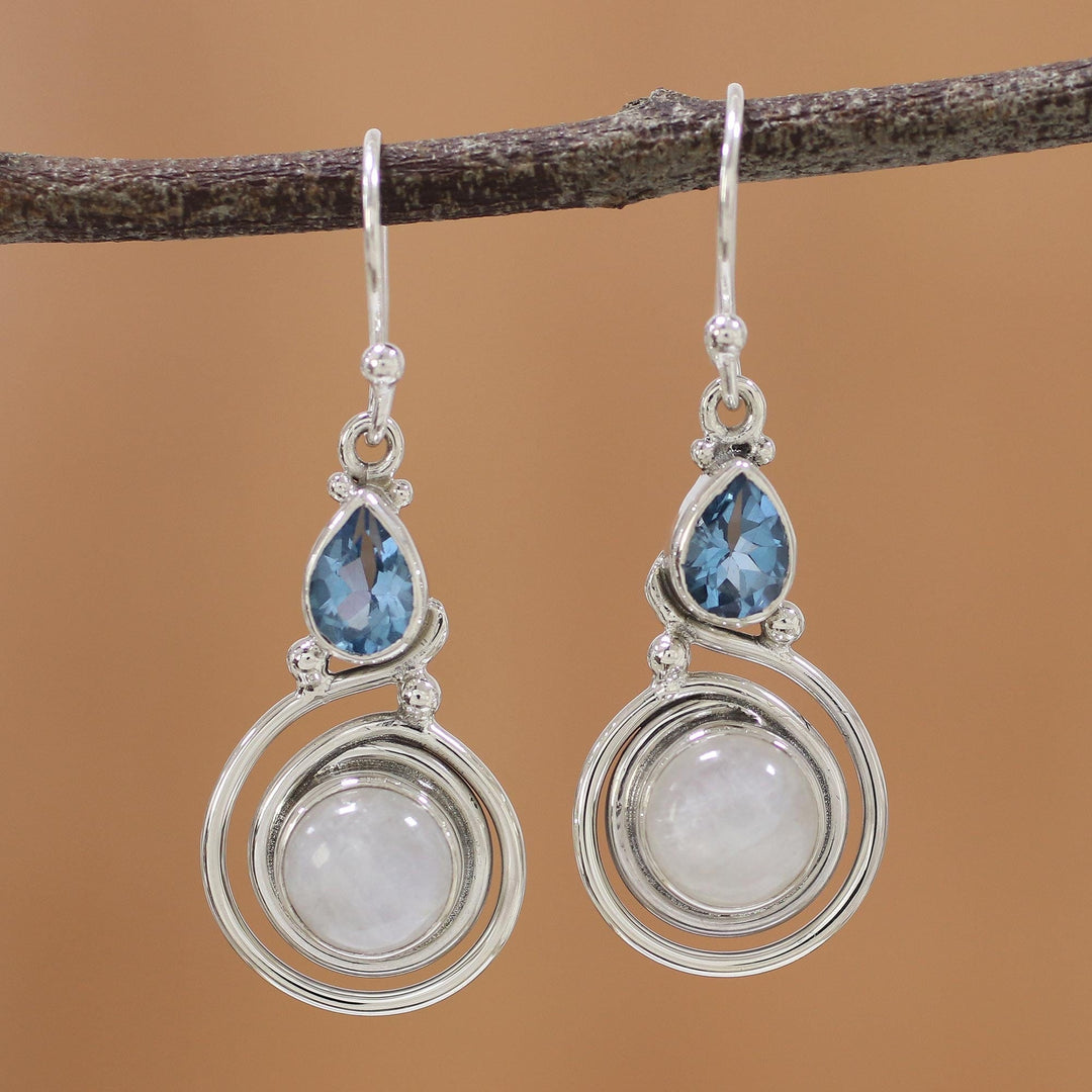 Moonstone and Blue Topaz Sterling Silver Earrings from India - Blissful Fusion