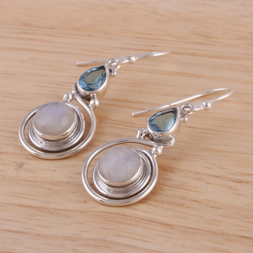 Moonstone and Blue Topaz Sterling Silver Earrings from India - Blissful Fusion