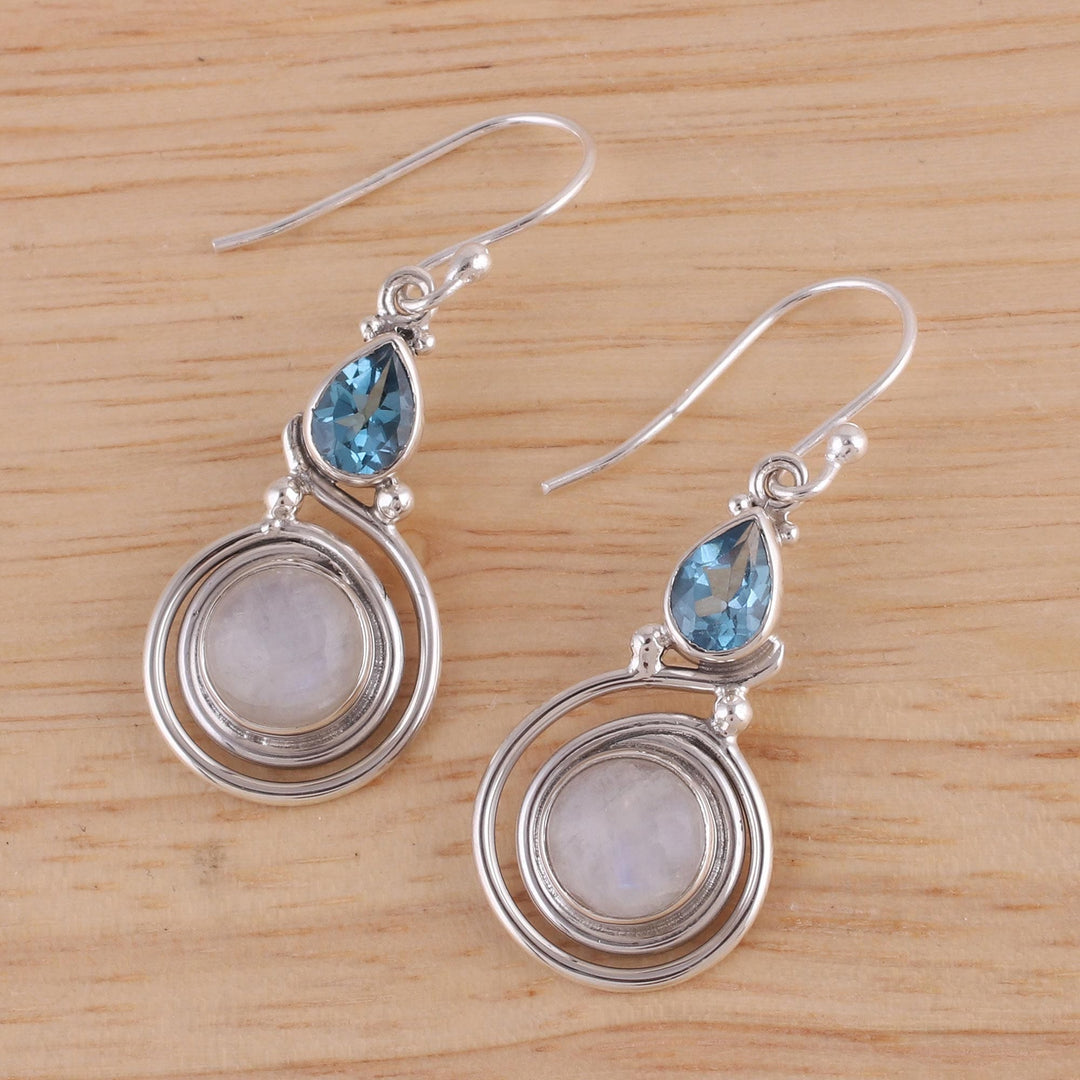 Moonstone and Blue Topaz Sterling Silver Earrings from India - Blissful Fusion