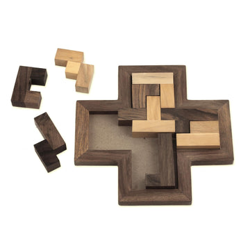 Cross-Shaped Acacia and Haldu Wood Puzzle from India - Cross Challenge