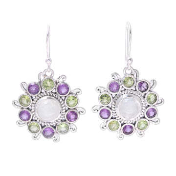 Sterling Silver Rainbow Moonstone Floral Dangle Earrings - Goddess Blooms