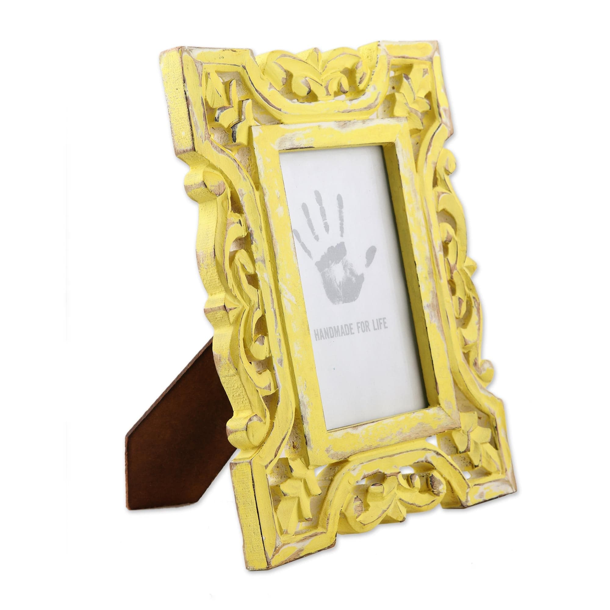 Distressed Yellow Hand Carved Mango Wood Photo Frame (4x6) Sunlit Da