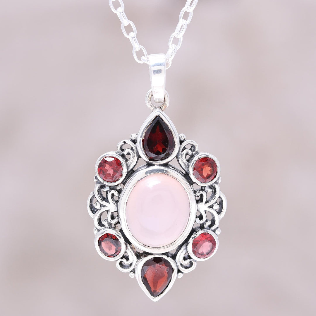 Garnet and Rose Quartz Pendant Necklace from India - Glory of Red