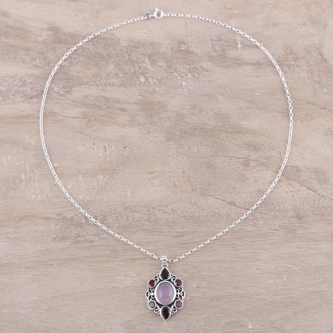 Garnet and Rose Quartz Pendant Necklace from India - Glory of Red