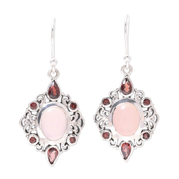 Garnet and Rose Quartz Dangle Earrings from India - Glory of Red