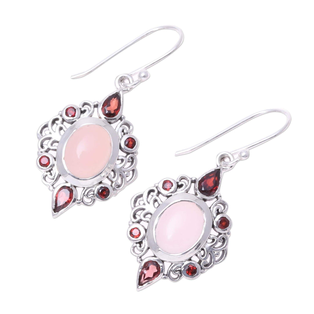 Garnet and Rose Quartz Dangle Earrings from India - Glory of Red