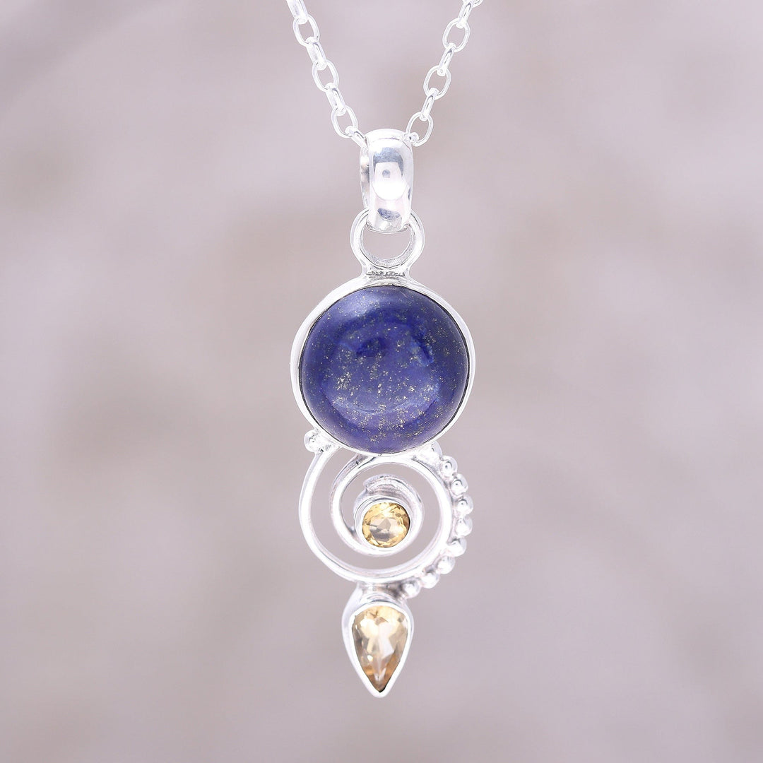 Citrine and Lapis Lazuli Spiral Necklace from India - Majestic Spiral