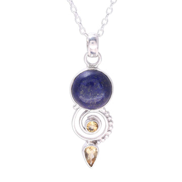Citrine and Lapis Lazuli Spiral Necklace from India - Majestic Spiral