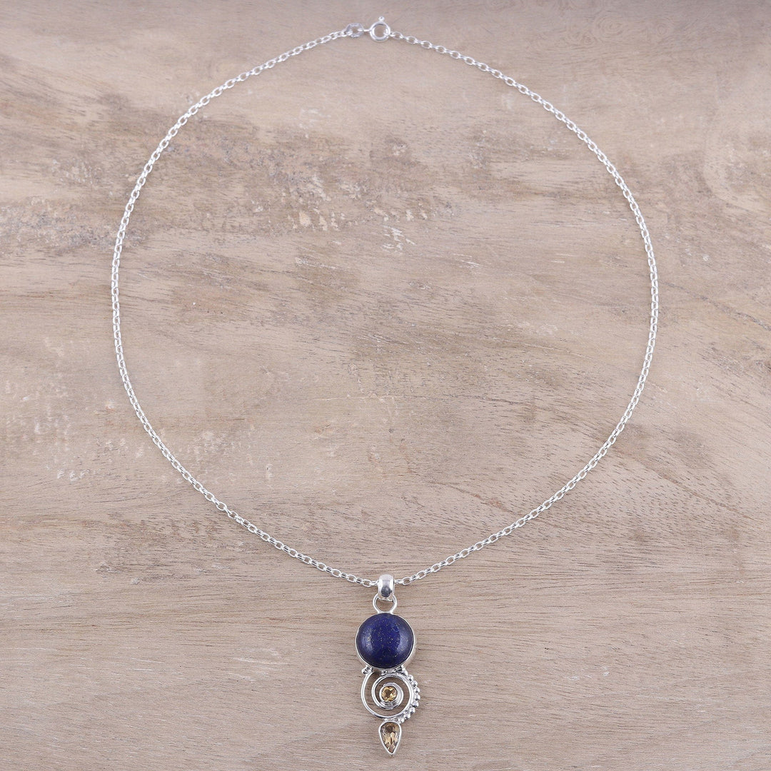 Citrine and Lapis Lazuli Spiral Necklace from India - Majestic Spiral