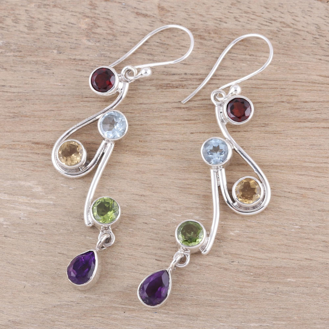 Multi-Gemstone and Scrolling Sterling Silver Dangle Earrings - Dancing Rainbow