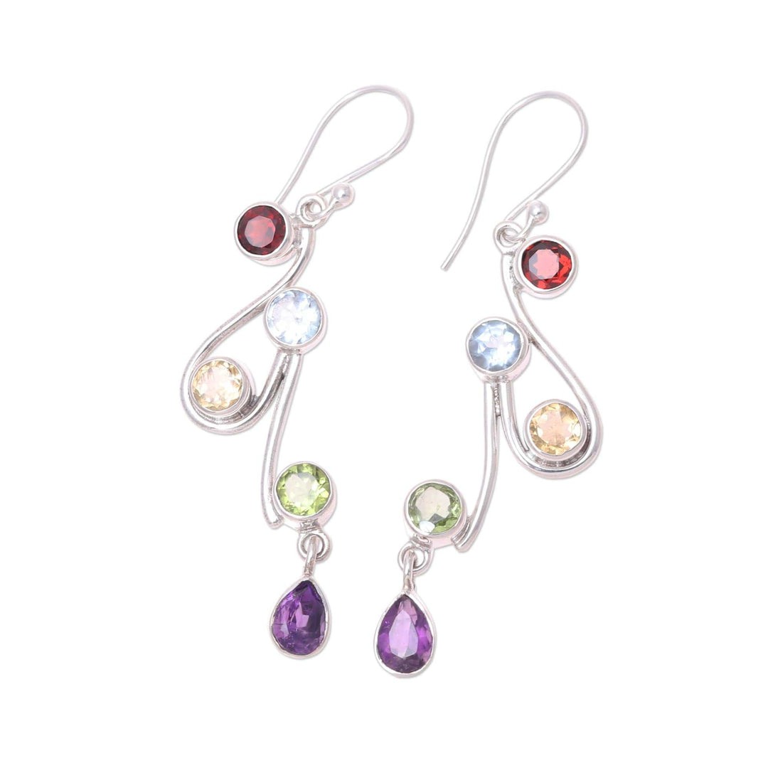 Multi-Gemstone and Scrolling Sterling Silver Dangle Earrings - Dancing Rainbow