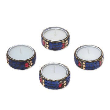 Set of Four Resin Coated Tea Lights with Brass Beads - Shimmering Stars