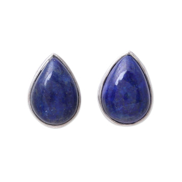 Teardrop Lapis Lazuli Button Earrings from India - Mystic Tears