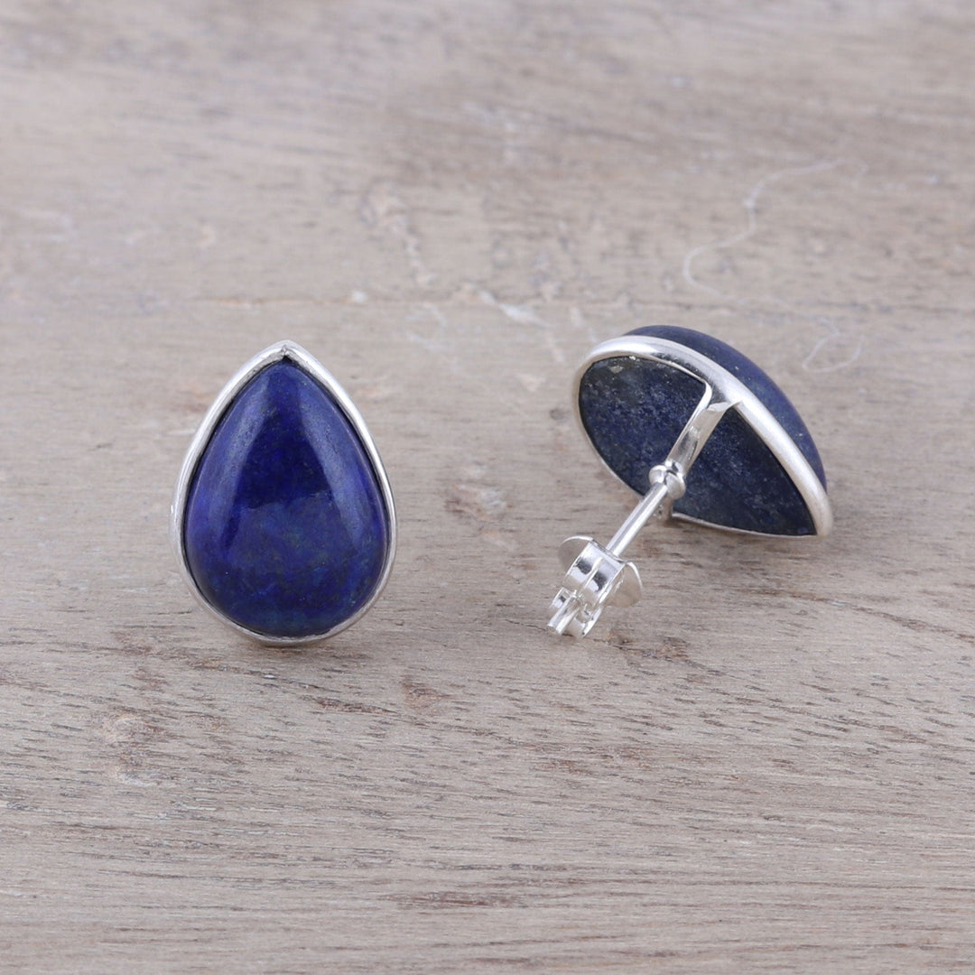 Teardrop Lapis Lazuli Button Earrings from India - Mystic Tears