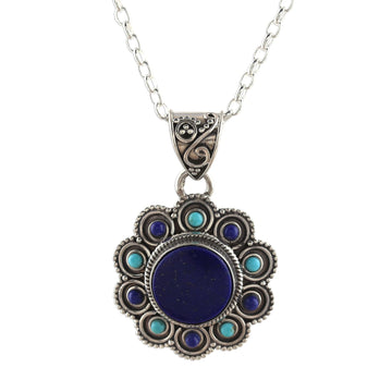 Lapis Lazuli and Composite Turquoise Flower Pendant Necklace - Magical Bloom