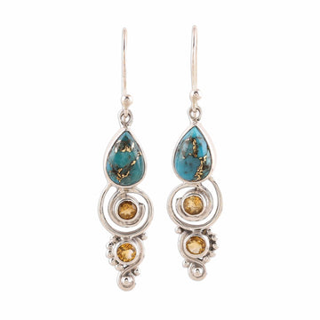 Citrine and Composite Turquoise Dangle Earrings from India - Glistening Curl