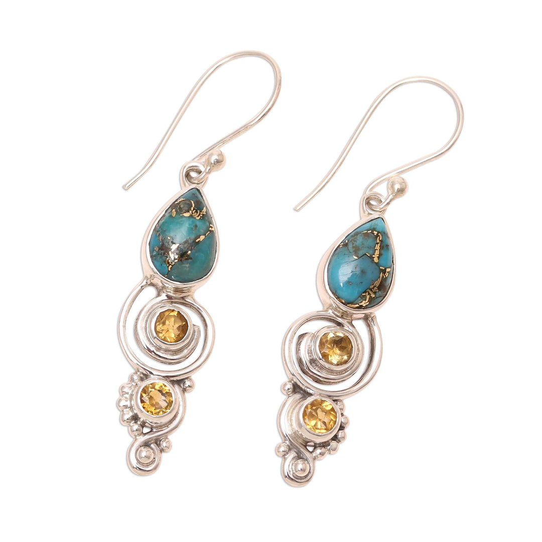 Citrine and Composite Turquoise Dangle Earrings from India - Glistening Curl