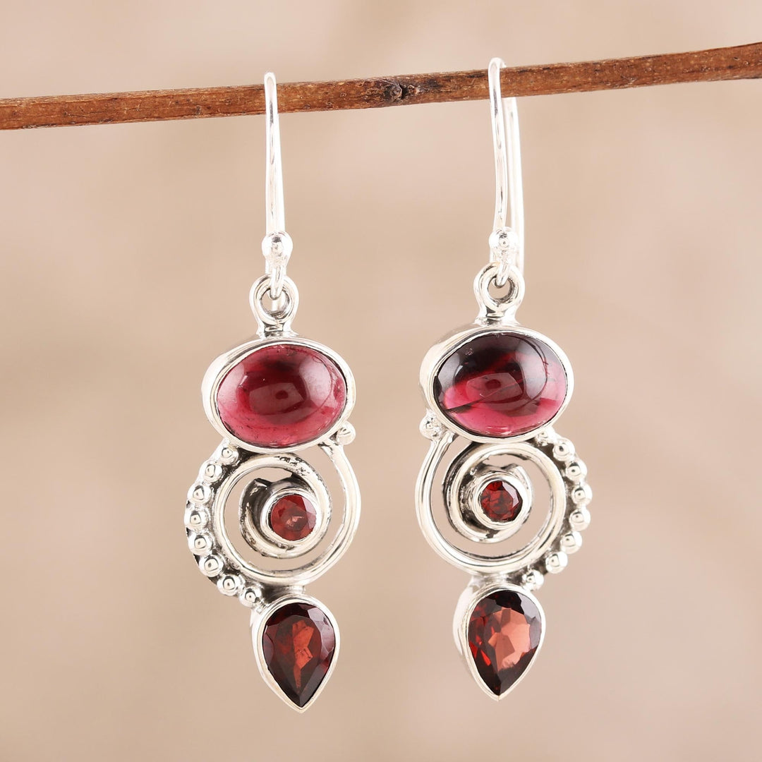Garnet and Sterling Silver Spiral Dangle Earrings - Fiery Labyrinth