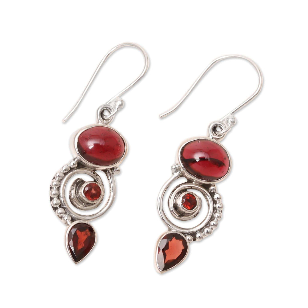 Garnet and Sterling Silver Spiral Dangle Earrings - Fiery Labyrinth