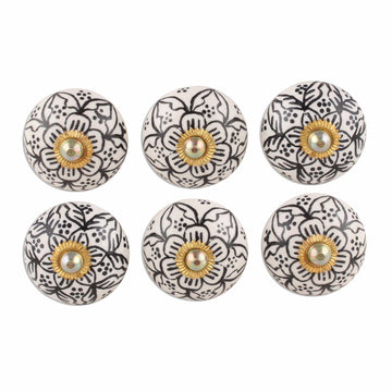 Black and White Floral Ceramic Knobs from India (Set of 6) - Intricate Blossoms