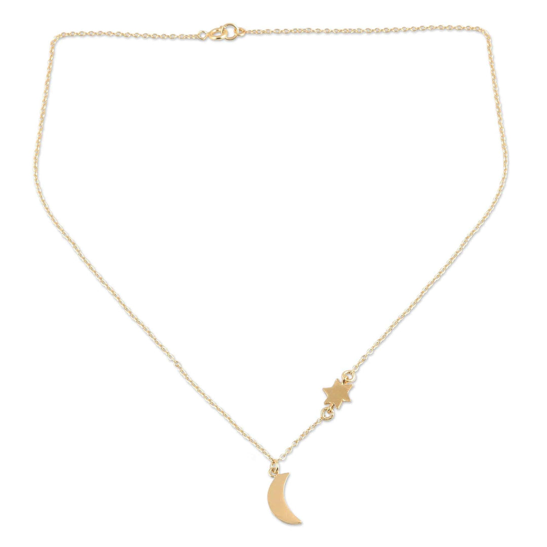 Gold Plated Sterling Silver Moon and Star Pendant Necklace - Celestial Glisten