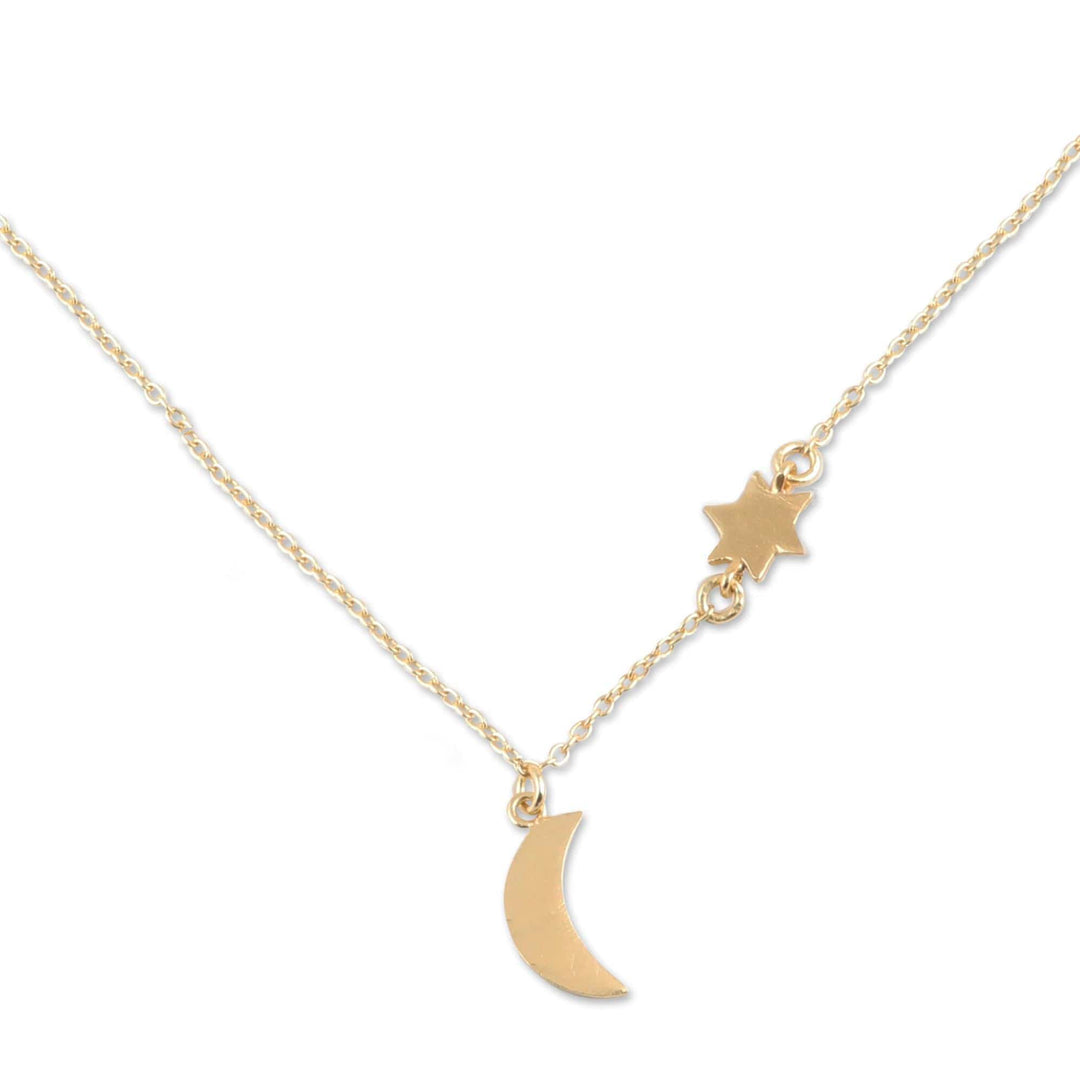 Gold Plated Sterling Silver Moon and Star Pendant Necklace - Celestial Glisten