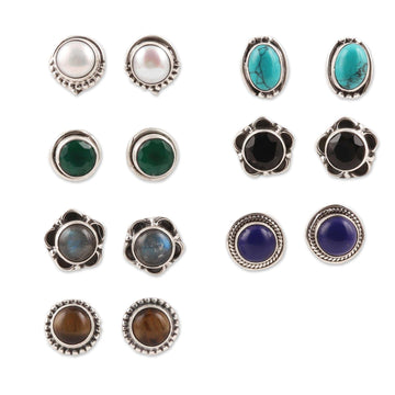 Gemstone Stud Earrings from India (Set of 7) - Everyday Pairs