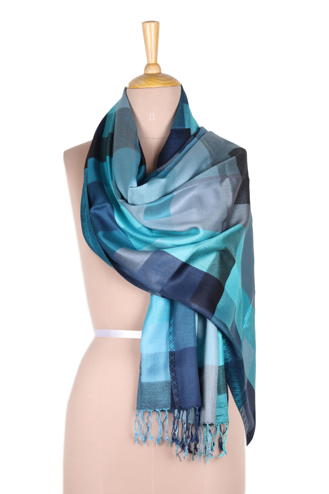 Viscose Shawl with Blue Patterns from India - Ocean Kaleidoscope Squares