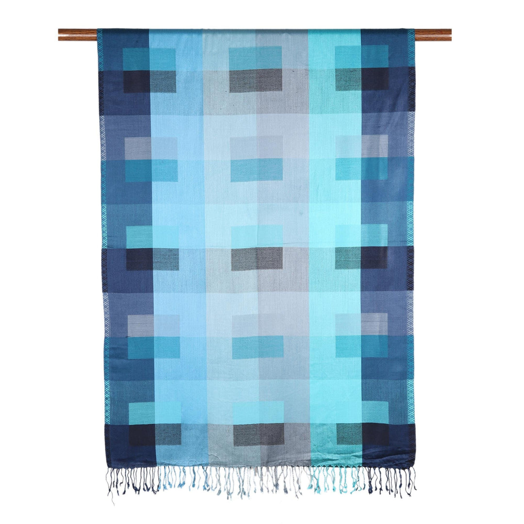 Viscose Shawl with Blue Patterns from India - Ocean Kaleidoscope Squares