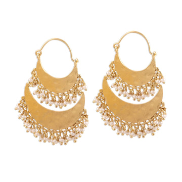 22K Gold Plated Crescents Hoop Earrings with Cultured Pearls - Magnificent Crescents