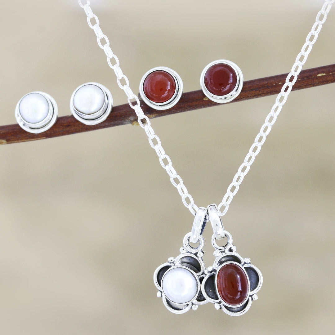 Carnelian and Cultured Pearl Jewelry Set - Fire and Ice