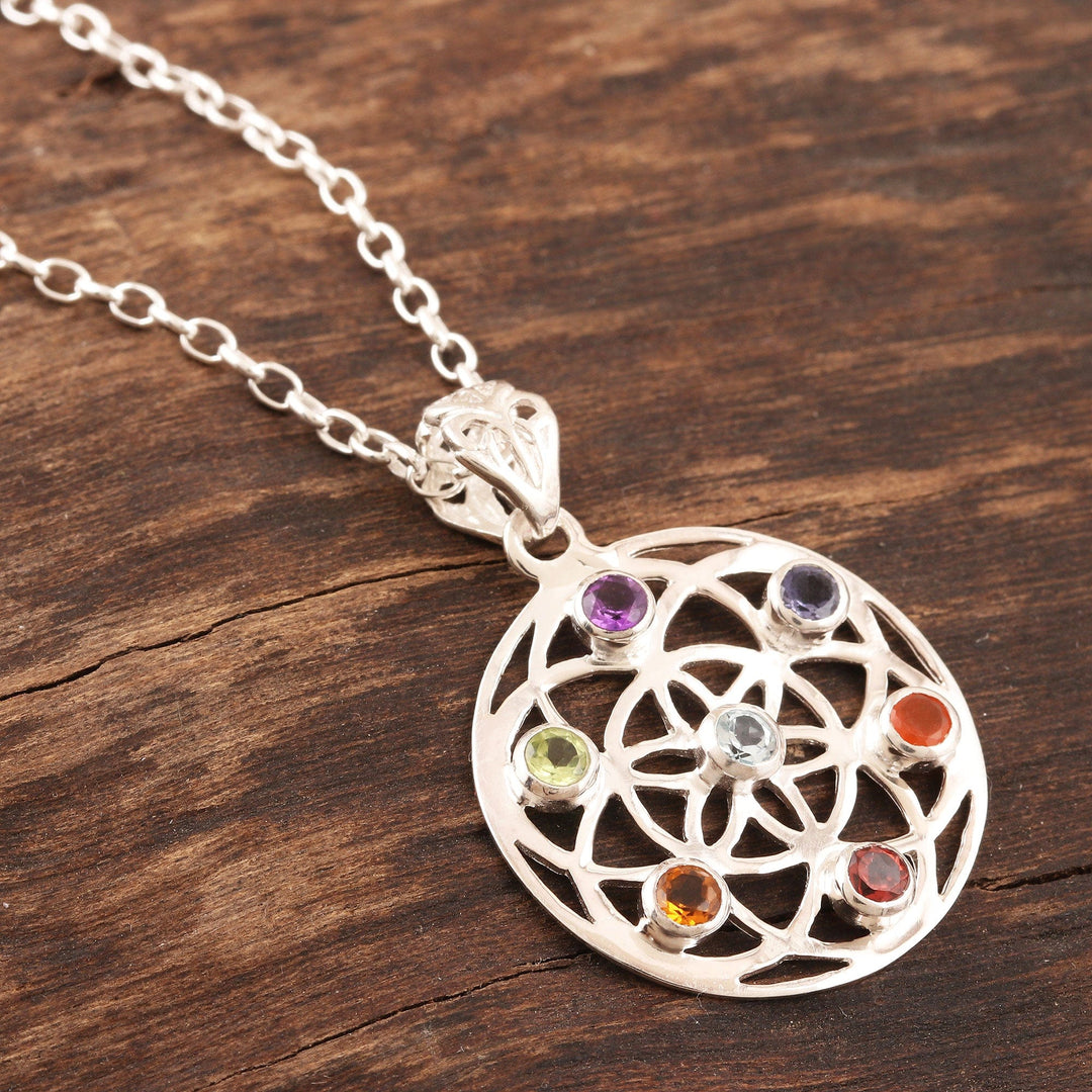 Multi-Gemstone and Sterling Silver Chakra Pendant Necklace - Chakra Medallion
