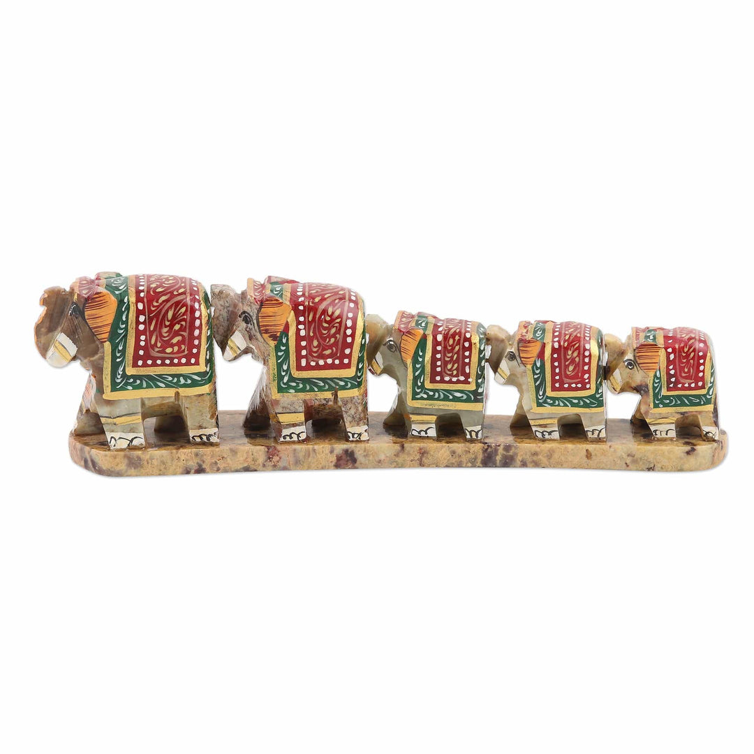 Hand Painted Soapstone Elephant Statuette - Single File