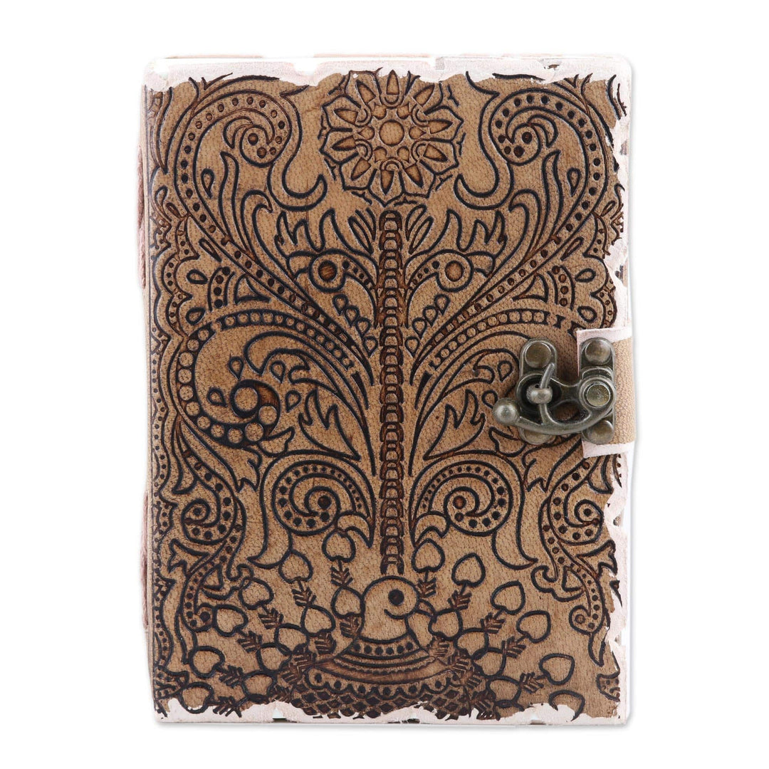 Embossed Cotton and Leather Peacock-Motif Journal - Peacock Glory