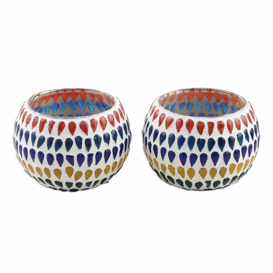 Colorful Glass Mosaic Tealight Candle Holders (Pair) - Festive Drops