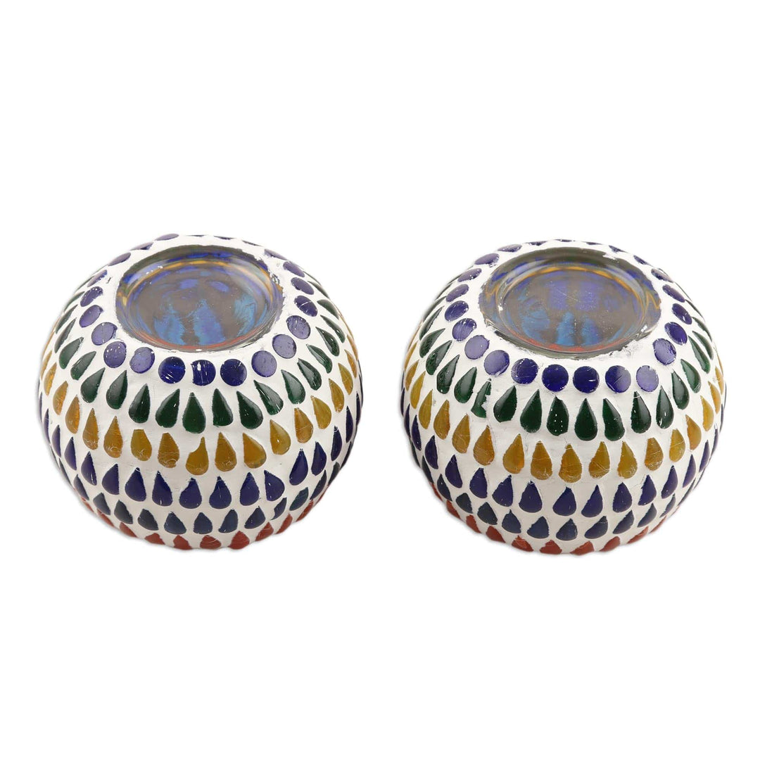 Colorful Glass Mosaic Tealight Candle Holders (Pair) - Festive Drops