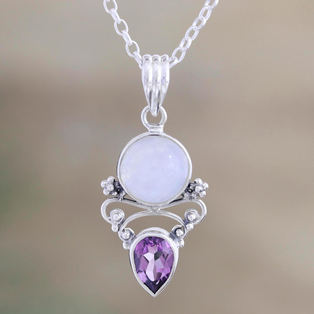Amethyst and Rainbow Moonstone Pendant Necklace - Mystic Tide