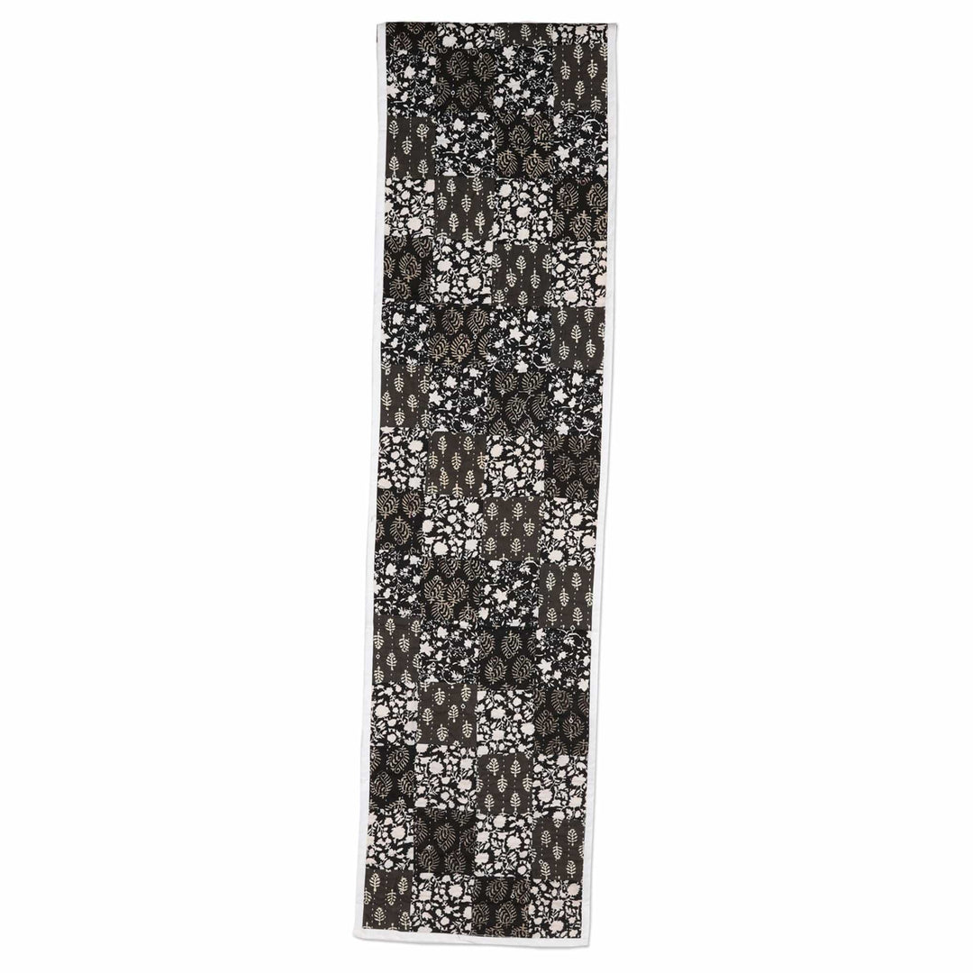 Black and Grey Cotton Table Runner with Patchwork Pattern - Charcoal Blooms