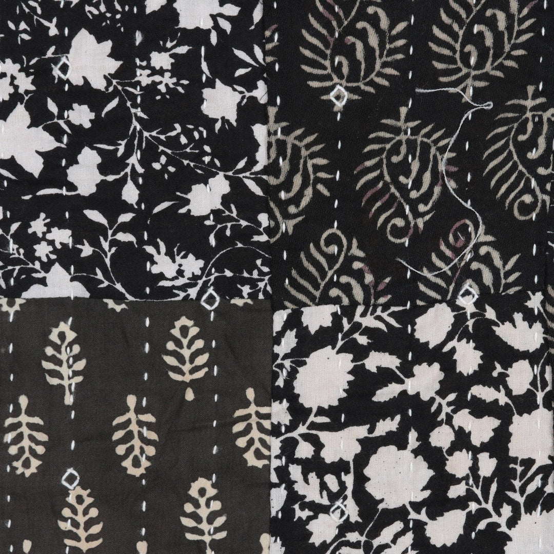 Black and Grey Cotton Table Runner with Patchwork Pattern - Charcoal Blooms