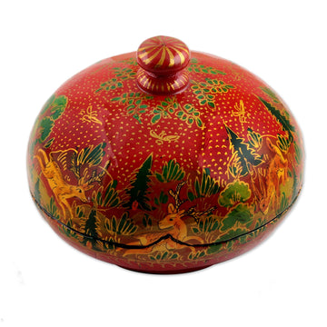 Hand-Painted Red Papier Mache Decorative Box from India - Jungle Scene in Red