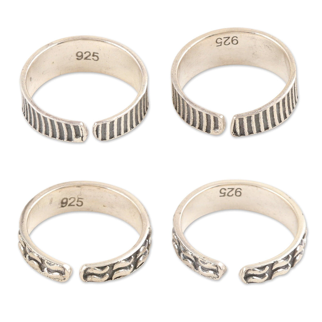 Sterling Silver Toe Rings in a Combination Finish - Set of 2 - Spirals and Lines
