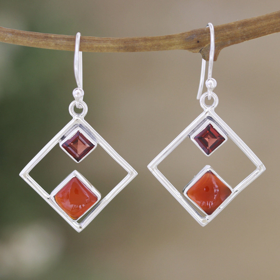 Rhombus Sterling Silver Dangle Earrings with Natural Stones - Warm Rhombus
