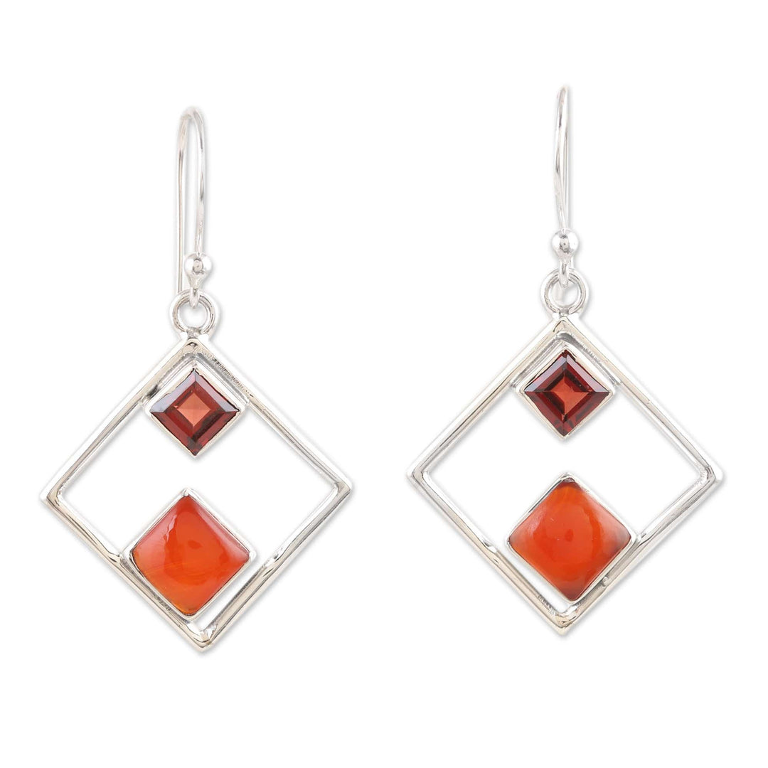 Rhombus Sterling Silver Dangle Earrings with Natural Stones - Warm Rhombus