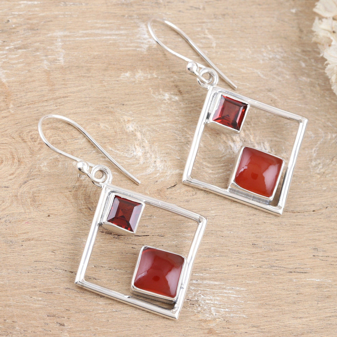 Rhombus Sterling Silver Dangle Earrings with Natural Stones - Warm Rhombus