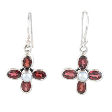 Sterling Silver Dangle Earrings with Garnet Gems and Pearls - Passionate Floral Dream