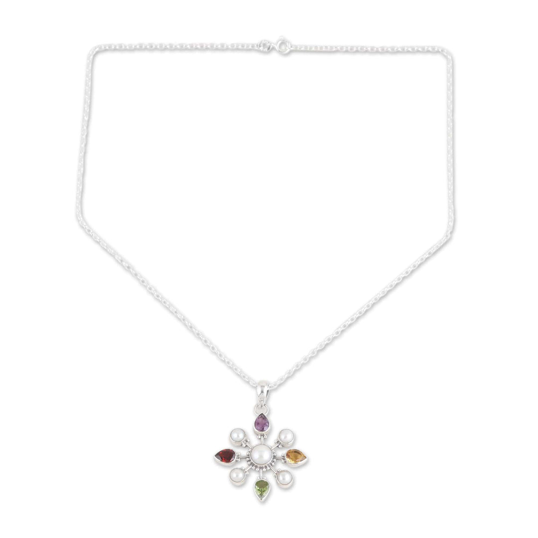 Sterling Silver Pendant Necklace with Colorful Jewels - Treasure Compass